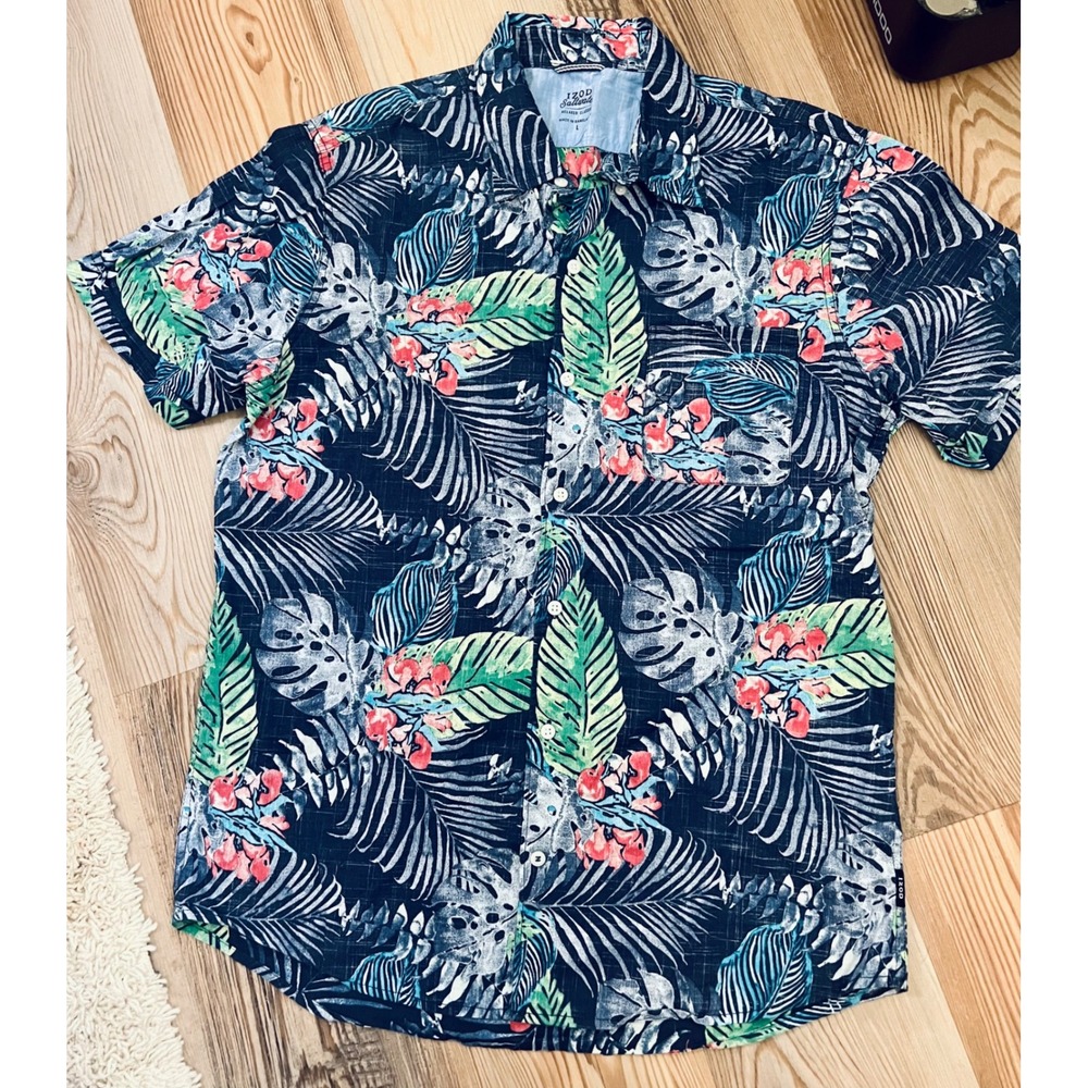IZOD Saltwater Mens L Tropical Palm Leaf Floral Cotton Beach Button Down Vaca